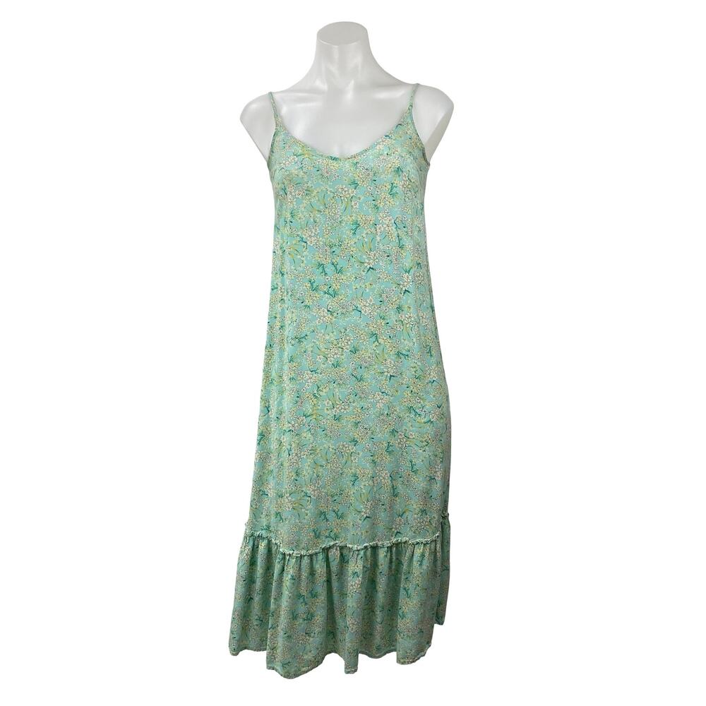 O'Neill Green Floral Sleeveless Drop Waist Ruffle Pleated Tank Midi Dress Sz XS